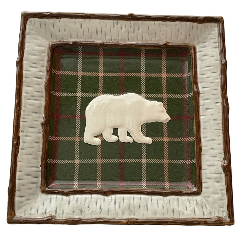 Homestudio‎ Lake Cabin Dinner Plate Square Bear Rustic Embossed Stoneware 11"